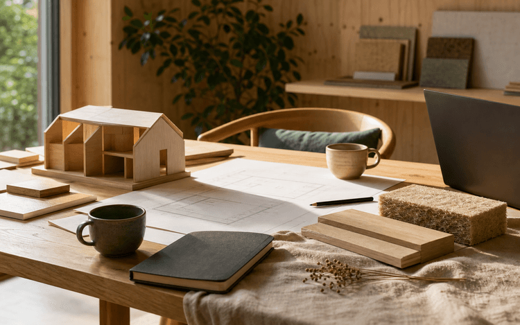 Adviesgesprek met houten woningmodel en biobased materiaalstalen