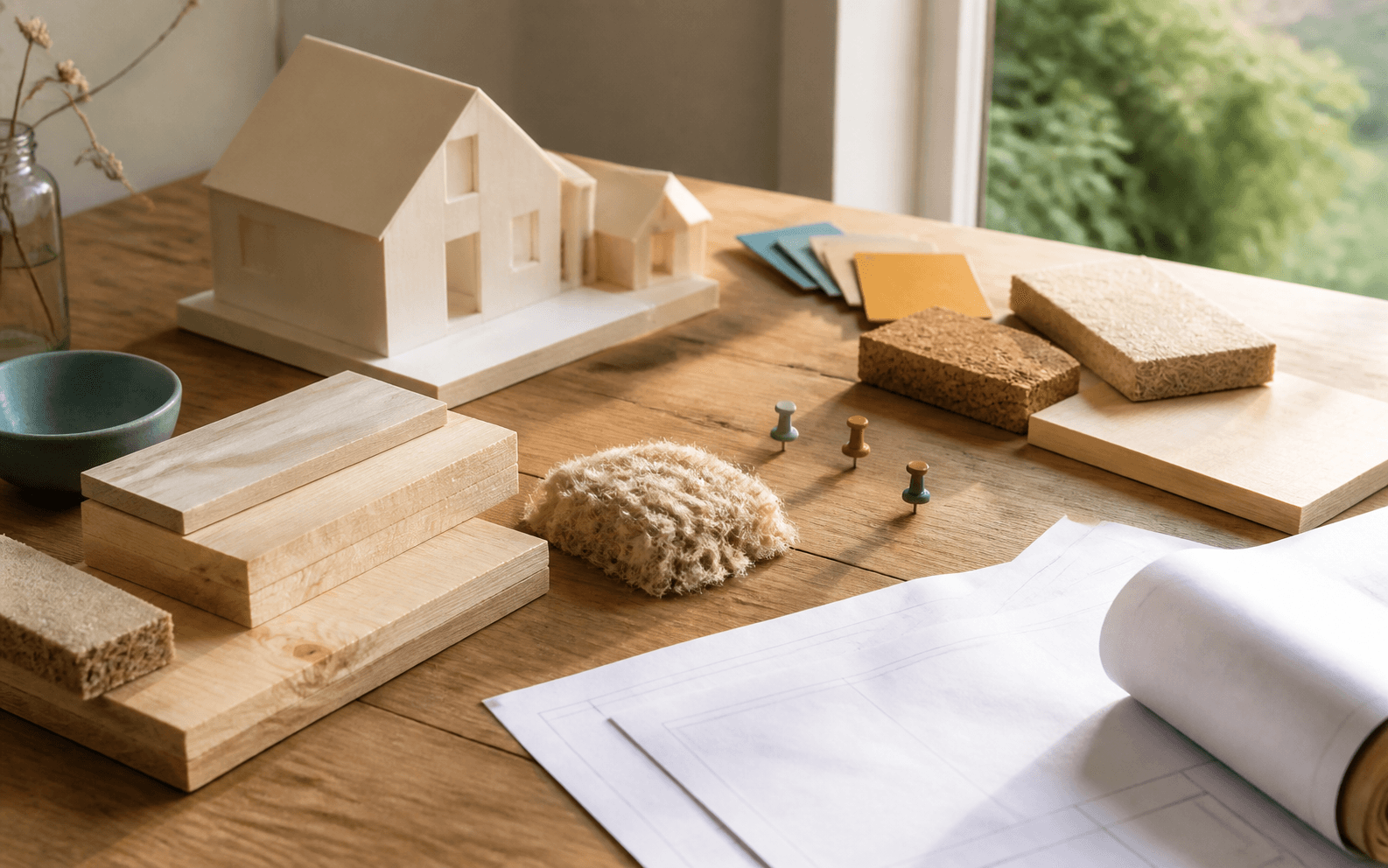 Biobased materiaalstalen op een houten werktafel