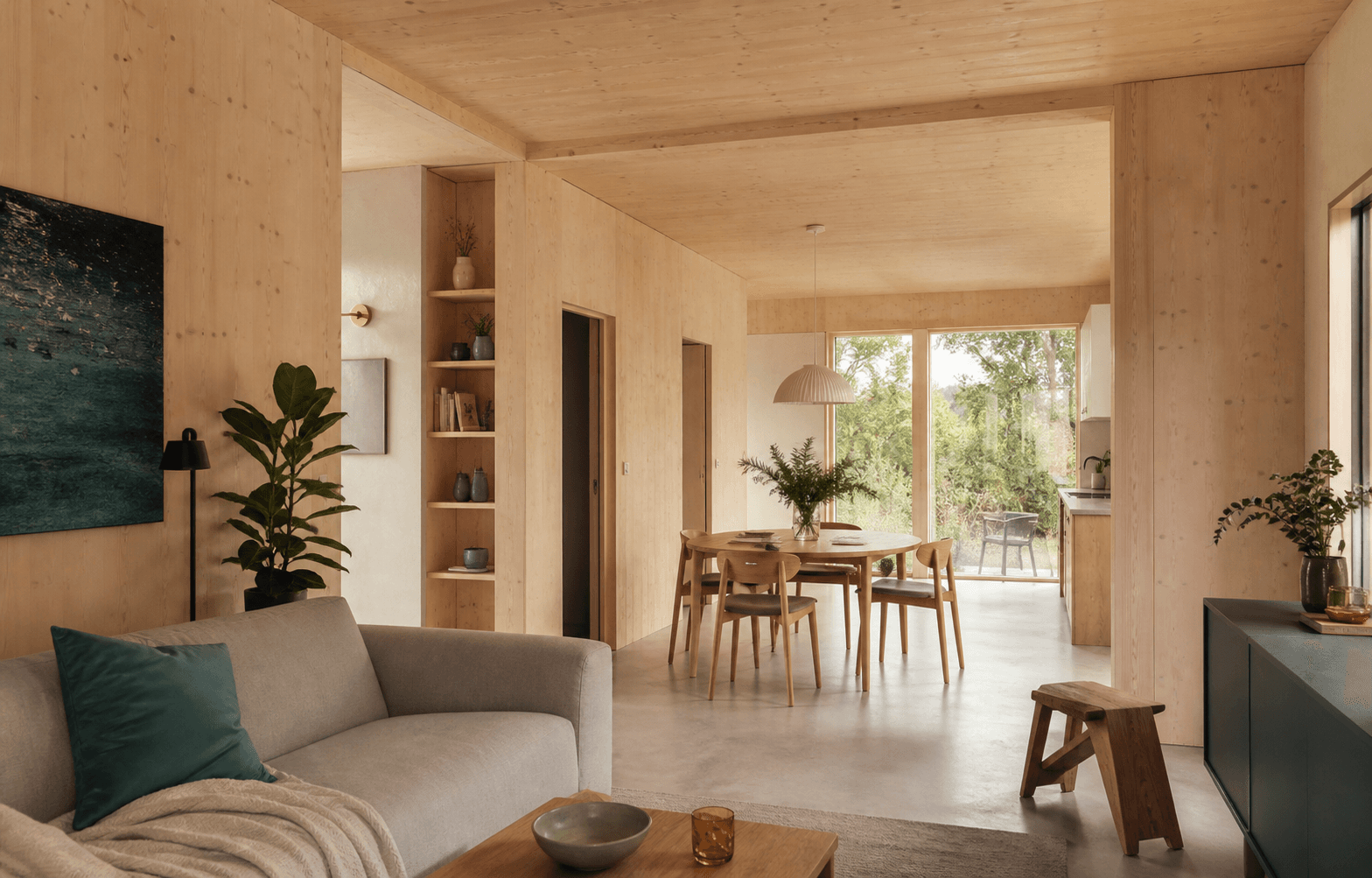 Warm houten woninginterieur met daglicht en natuurlijke materialen
